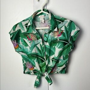 H&M Kids Tropical Green Banana Leaf and Hummingbird Tie Front Top Dieter Braun